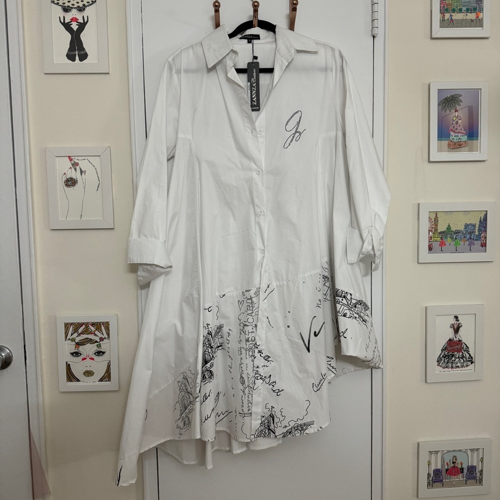 NWT Brand New Zannza White Cotton Poplin Shirtdress Asymmetrical Hem Small